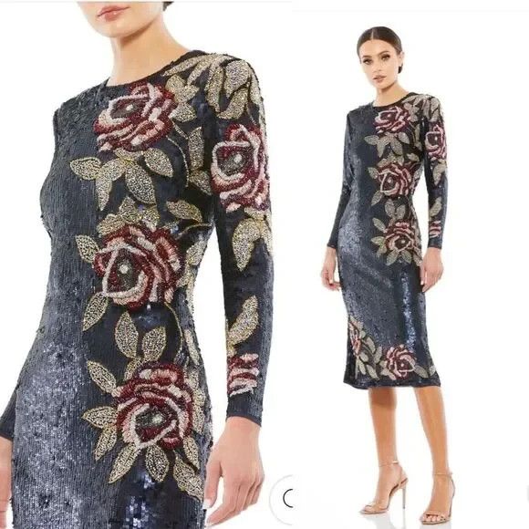 Mac Duggal 93624 Navy Floral Sequined Long Sleeve Midi Dress $538
